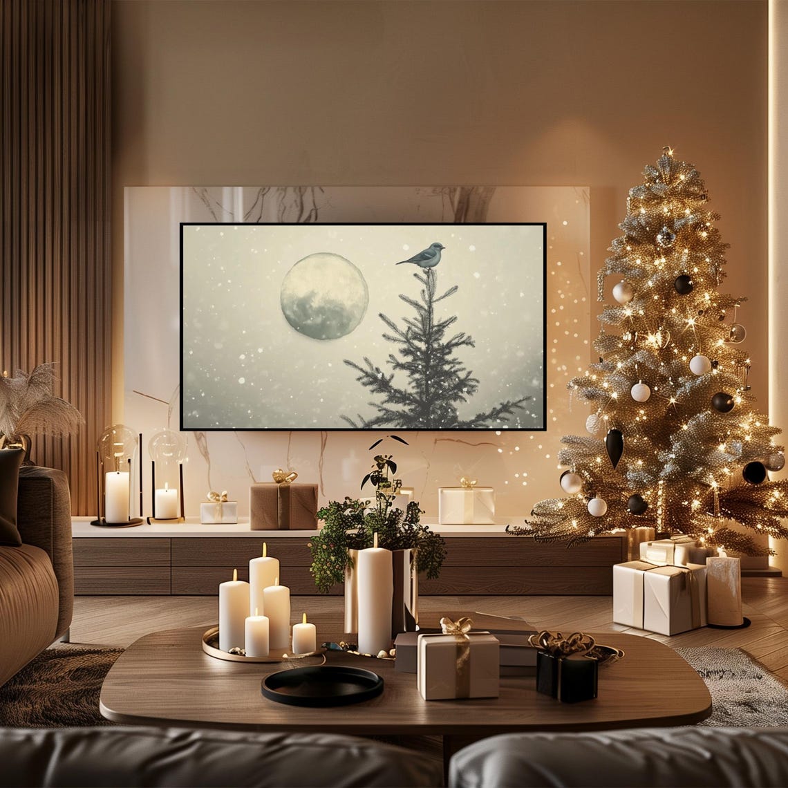 Winter Bird on Evergreen Treetop Full Moon Snowfall Scene Poster - Image 4