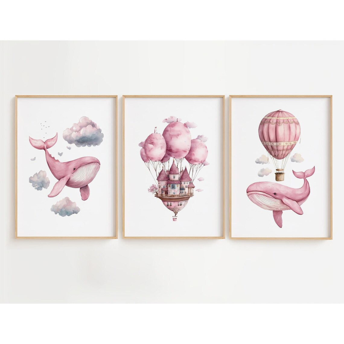Pink Watercolor Whale Castle Hot Air Balloon Nursery Set of 3 Poster - Image 3