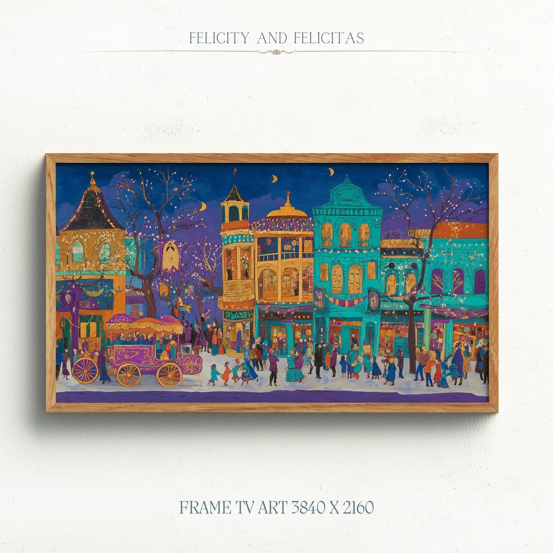 Teal and Gold Night Town Festival Carriage Frame TV Art Poster