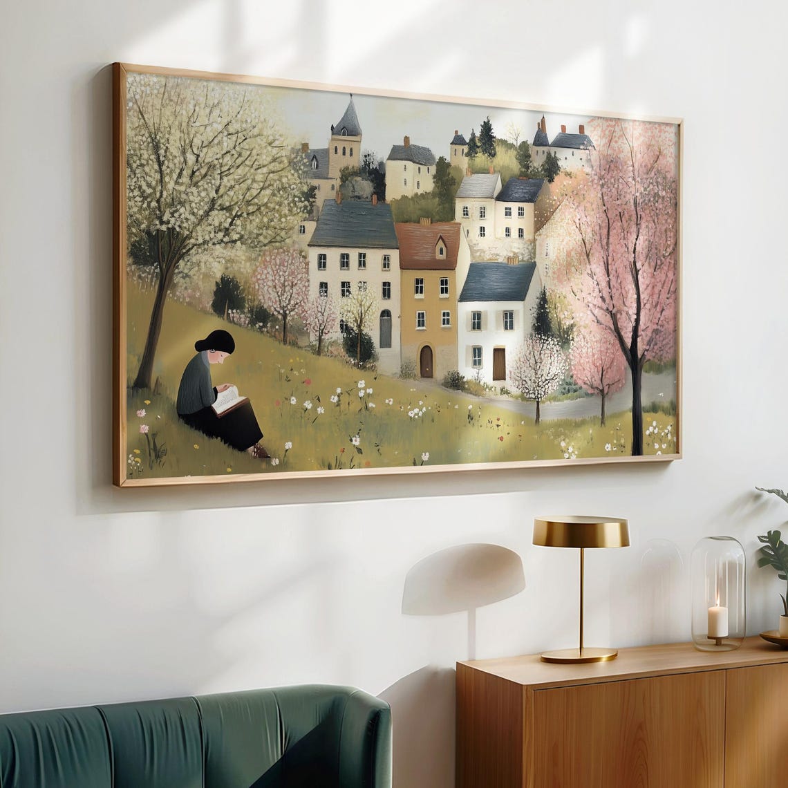 Spring Reading on Hill Village Blossoming Trees Frame TV Art Poster - Image 6