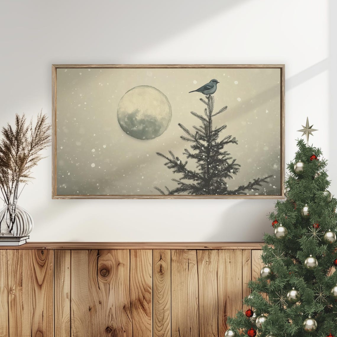 Winter Bird on Evergreen Treetop Full Moon Snowfall Scene Poster - Image 5