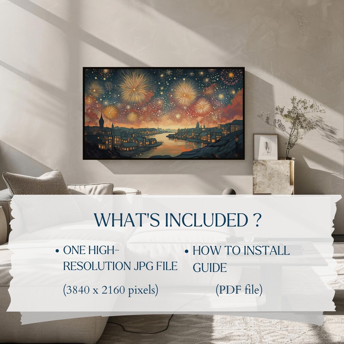 Fireworks Night Riverside Town Golden Sky Reflection Wall Art - Image 2