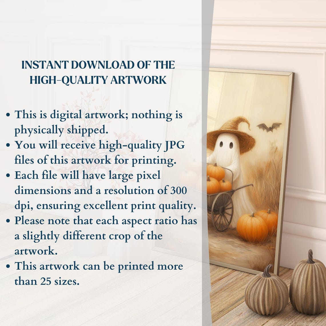 Cute Ghost In Witch Hat Pumpkin Wagon Beige Halloween Wall Art - Image 3