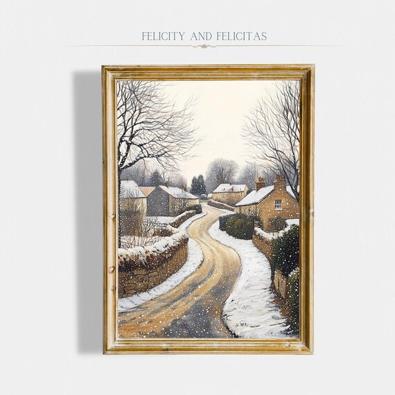 Quiet Snowy Village Lane with Cottages and Bare Trees Winter Poster
