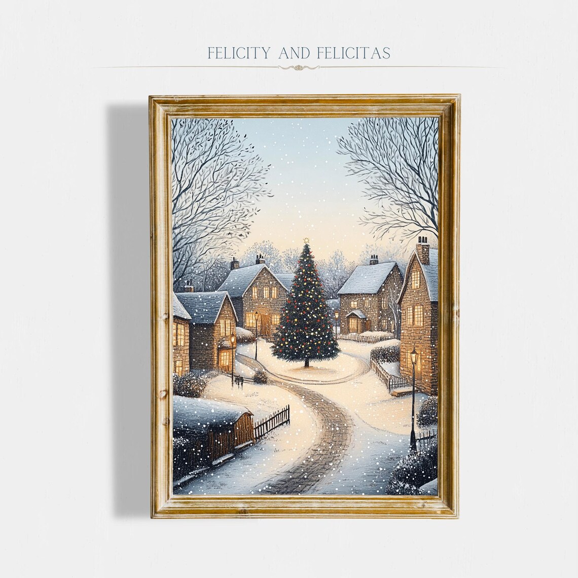 Cozy Christmas Town Street Tall Tree Snowy Village Scene Poster