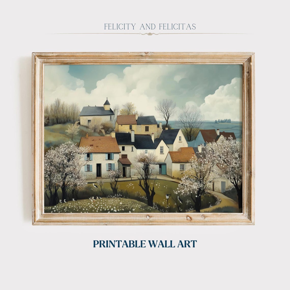 Retro Spring Village Landscape With Church Blooming Trees Poster