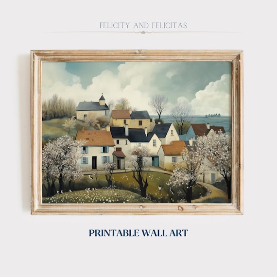 Retro Spring Village Landscape With Church Blooming Trees Poster