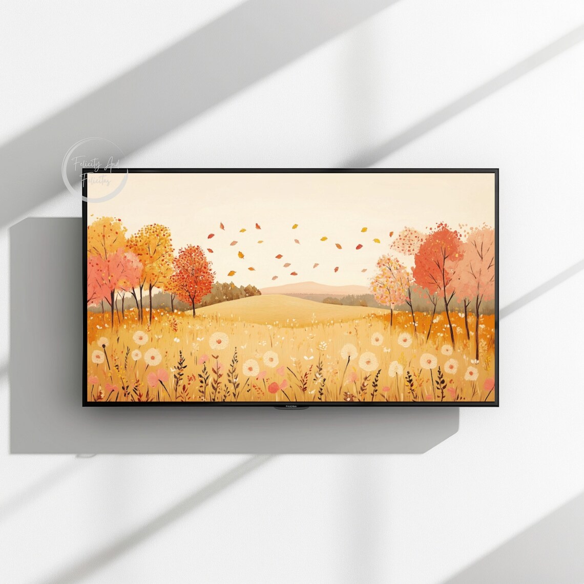 Golden Autumn Meadow Falling Leaves Orange Trees Cozy Fall Landscape Art Poster - Image 3