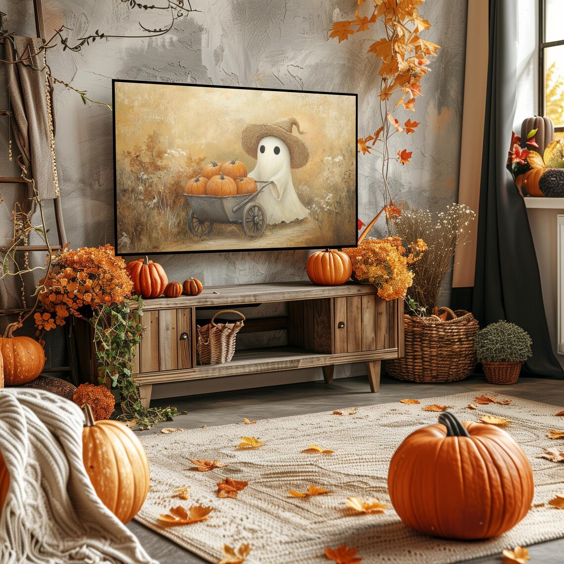 Cute Ghost Straw Witch Hat Pumpkin Wagon Autumn TV Art Poster - Image 4