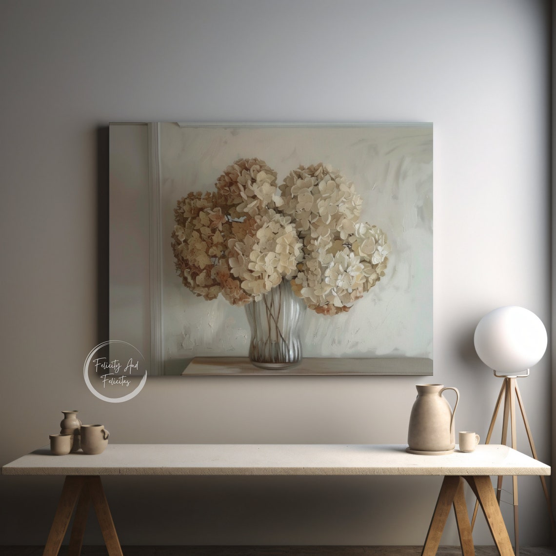 Muted Neutral Hydrangeas Glass Vase Vintage Botanical Wall Art - Image 5