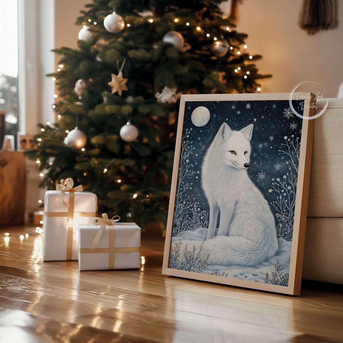 White Arctic Fox Moonlit Snow Night Winter Wildlife Art Poster - Image 5