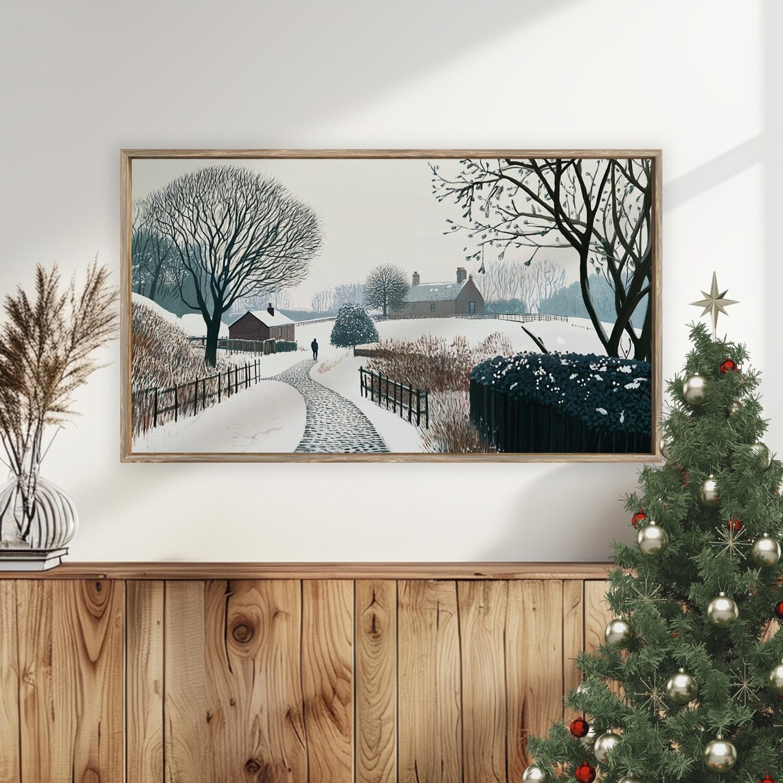 Snowy Country Lane Cottages Lone Walker Winter Countryside Poster - Image 5