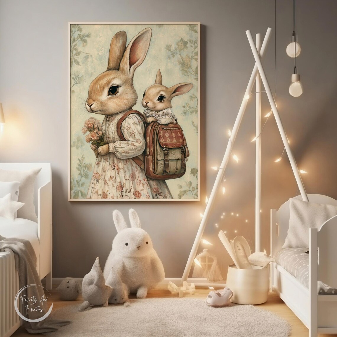 Vintage Mother Rabbit with Baby in Backpack Floral Nursery Wall Art - Image 6