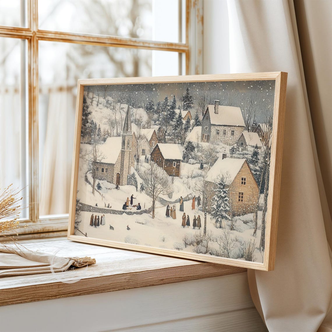 Snowy Village Church With Villagers Winter Gathering Scene Poster - Image 3