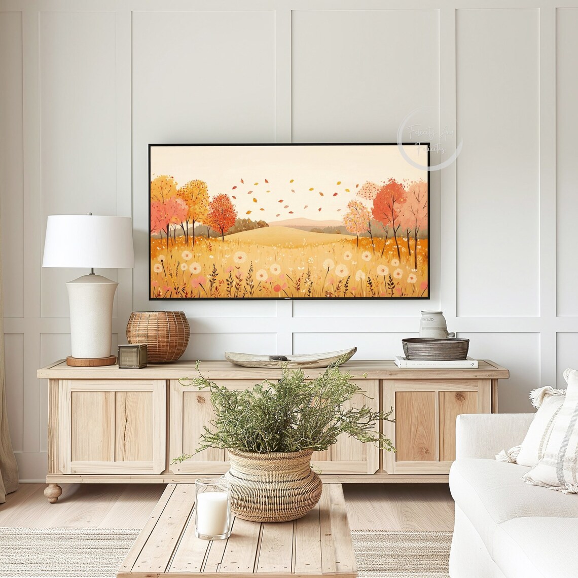 Golden Autumn Meadow Falling Leaves Orange Trees Cozy Fall Landscape Art Poster - Image 4