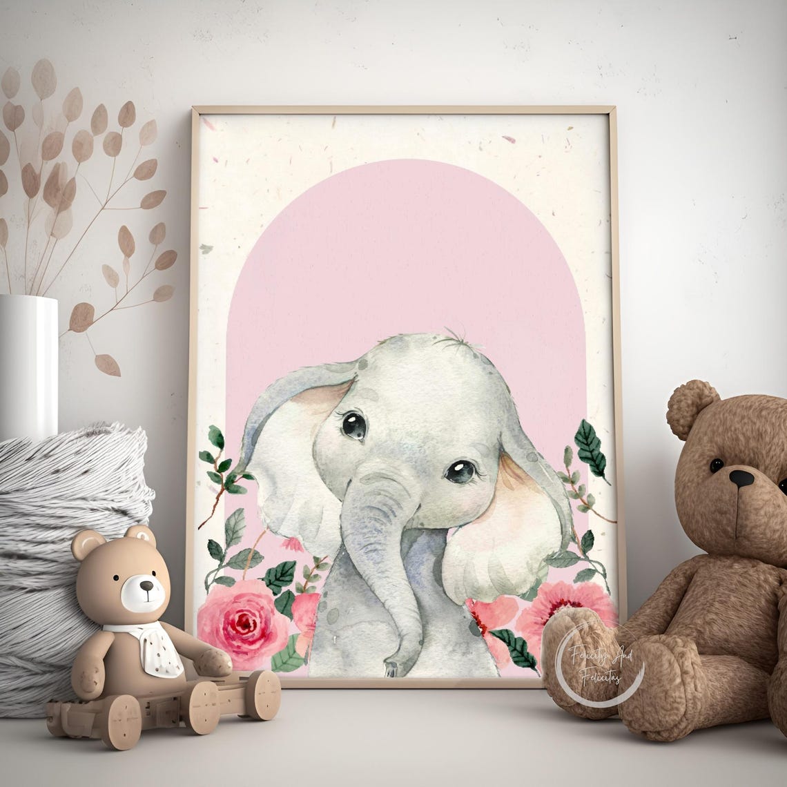 Baby Elephant Pink Floral Arch Watercolor Nursery Kids Wall Art