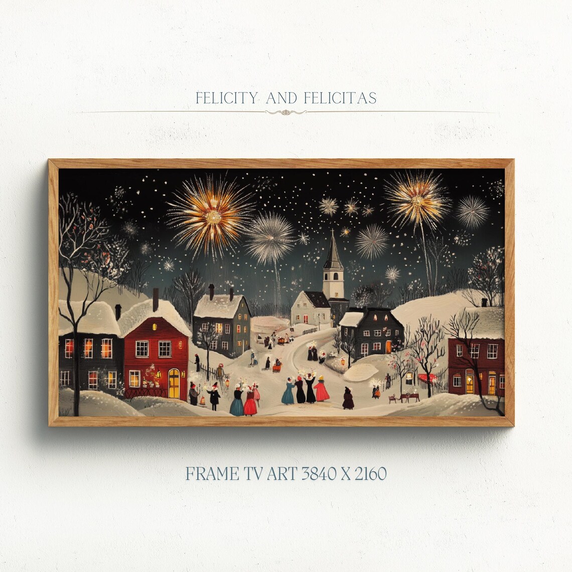 New Years Eve Fireworks Snowy Village Church Night Vintage Poster
