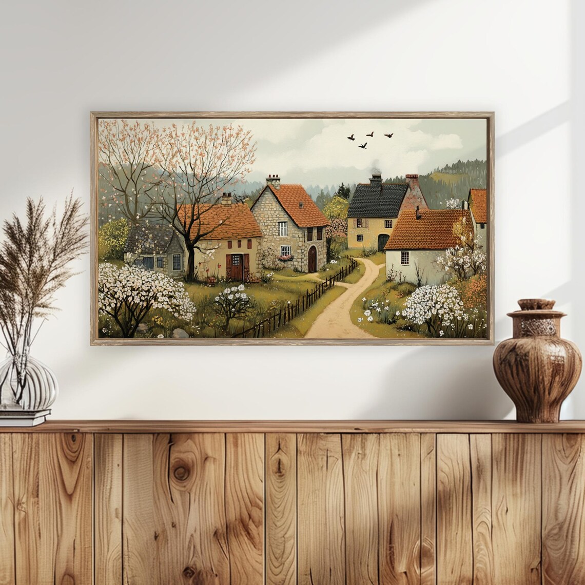 Rural Spring Village Stone Cottages Blossoming Trees Frame TV Art Poster - Image 4