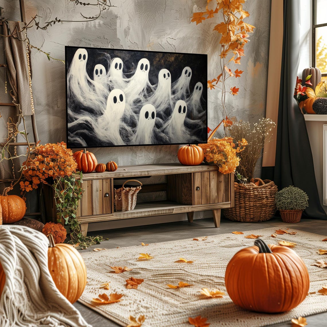 Spooky White Ghosts Swirling Dark Halloween Night TV Art Poster - Image 4