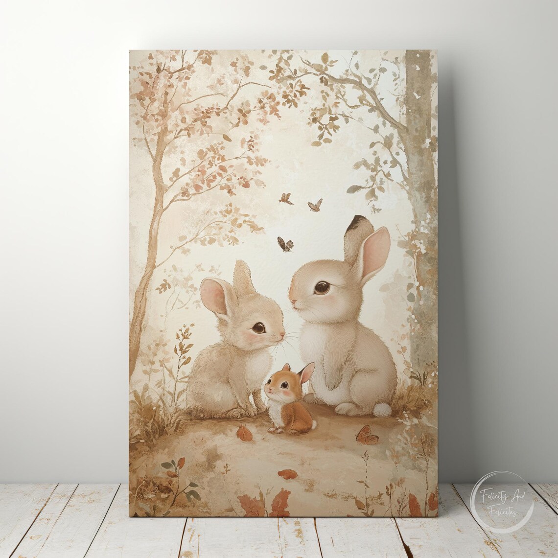 Three Bunnies in Autumn Woodland Watercolor Nursery Wall Art - Image 6
