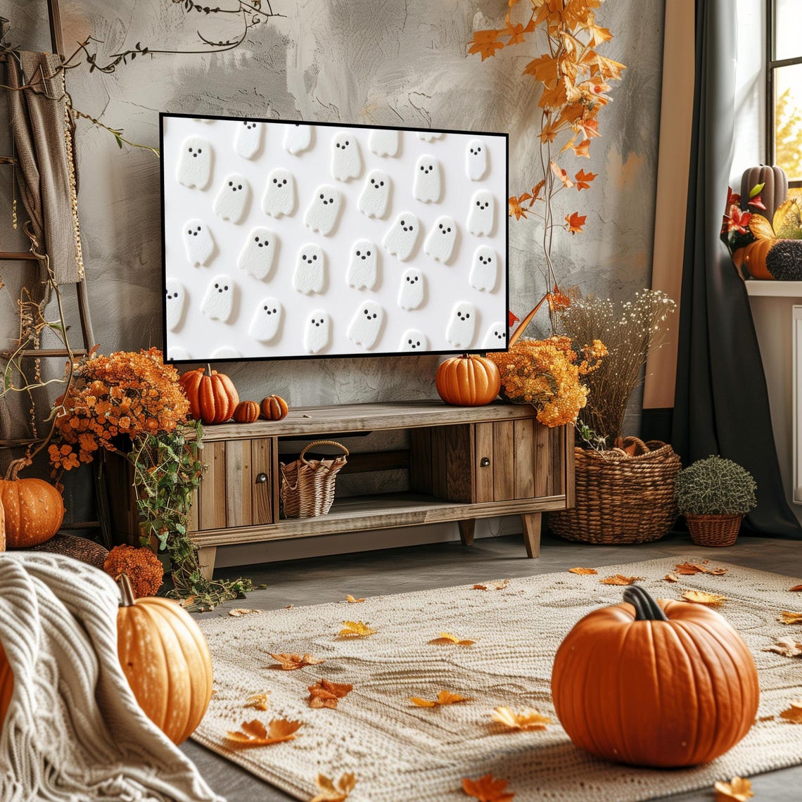Cute Ghost Pattern Frame Tv Art Halloween Tv Art Neutral Halloween Decor Trendy Halloween Art - Image 4