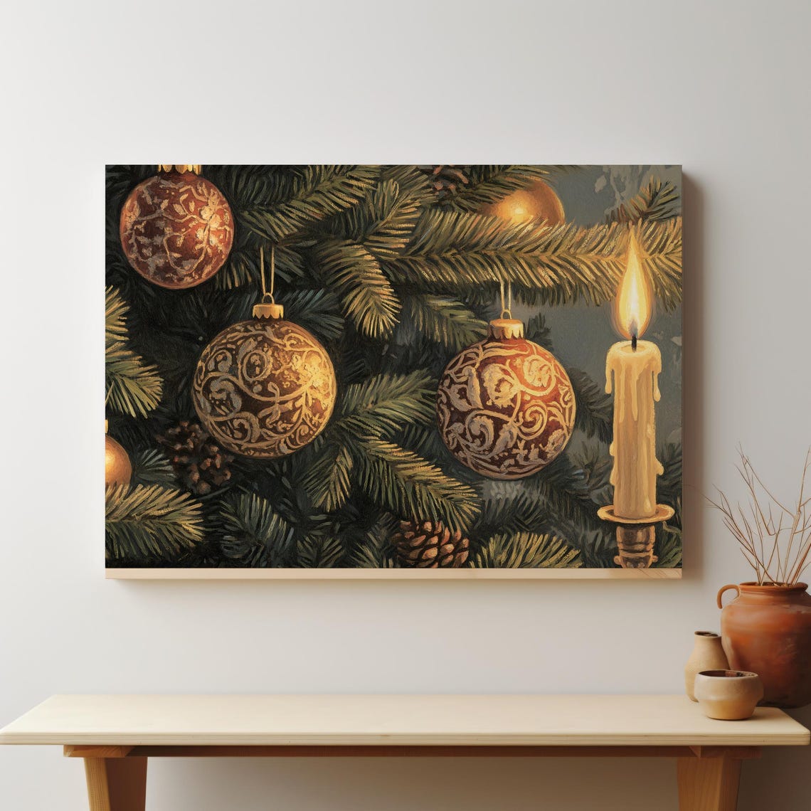 Vintage Gold Christmas Ornaments on Pine Branches Candle Poster - Image 4