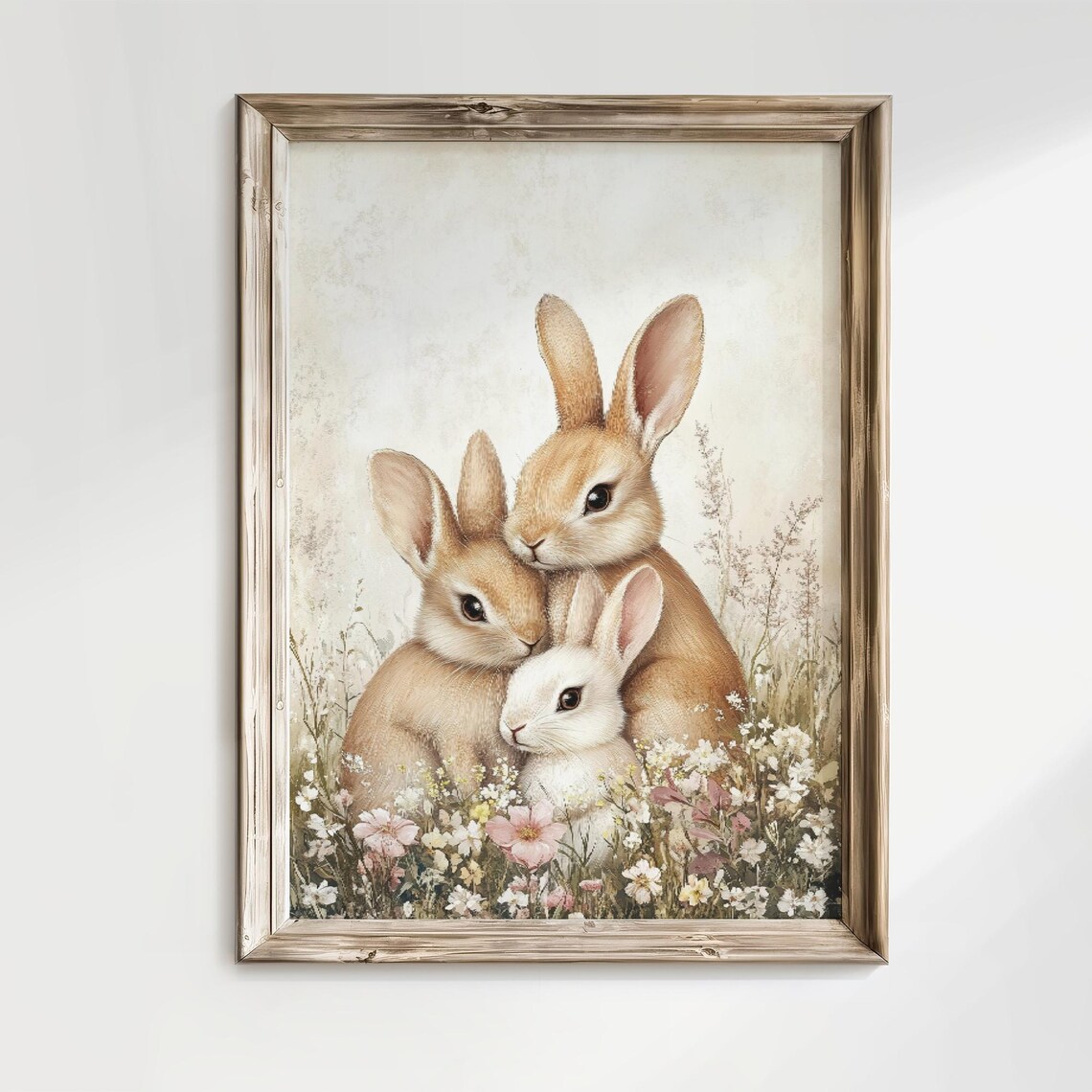 Cute Vintage Bunnies Wildflower Meadow Neutral Nursery Wall Art - Image 3