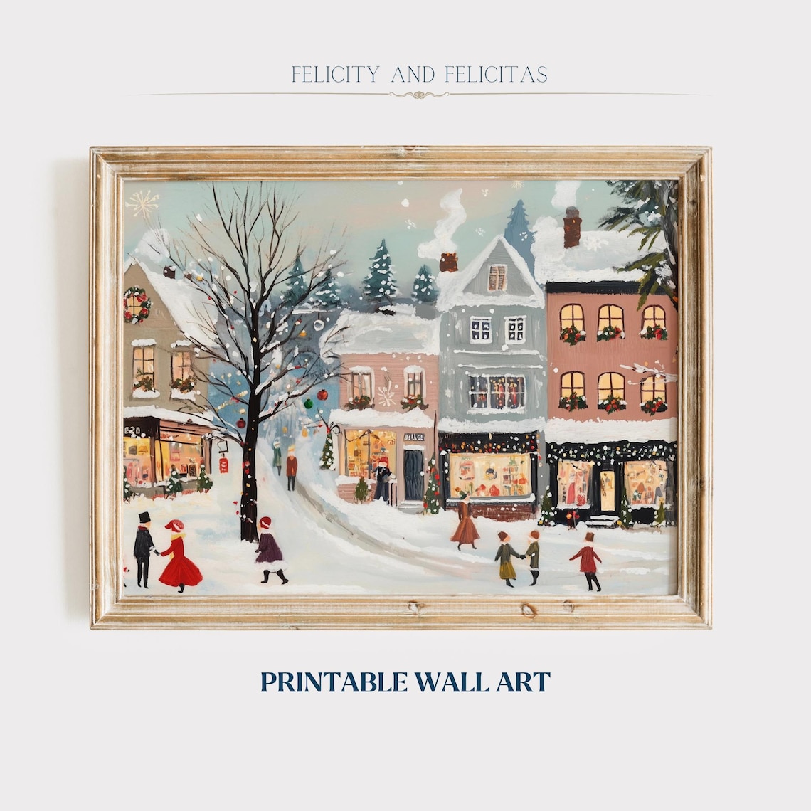 Vintage Christmas Village Square Holiday Shops Snow Scene Poster