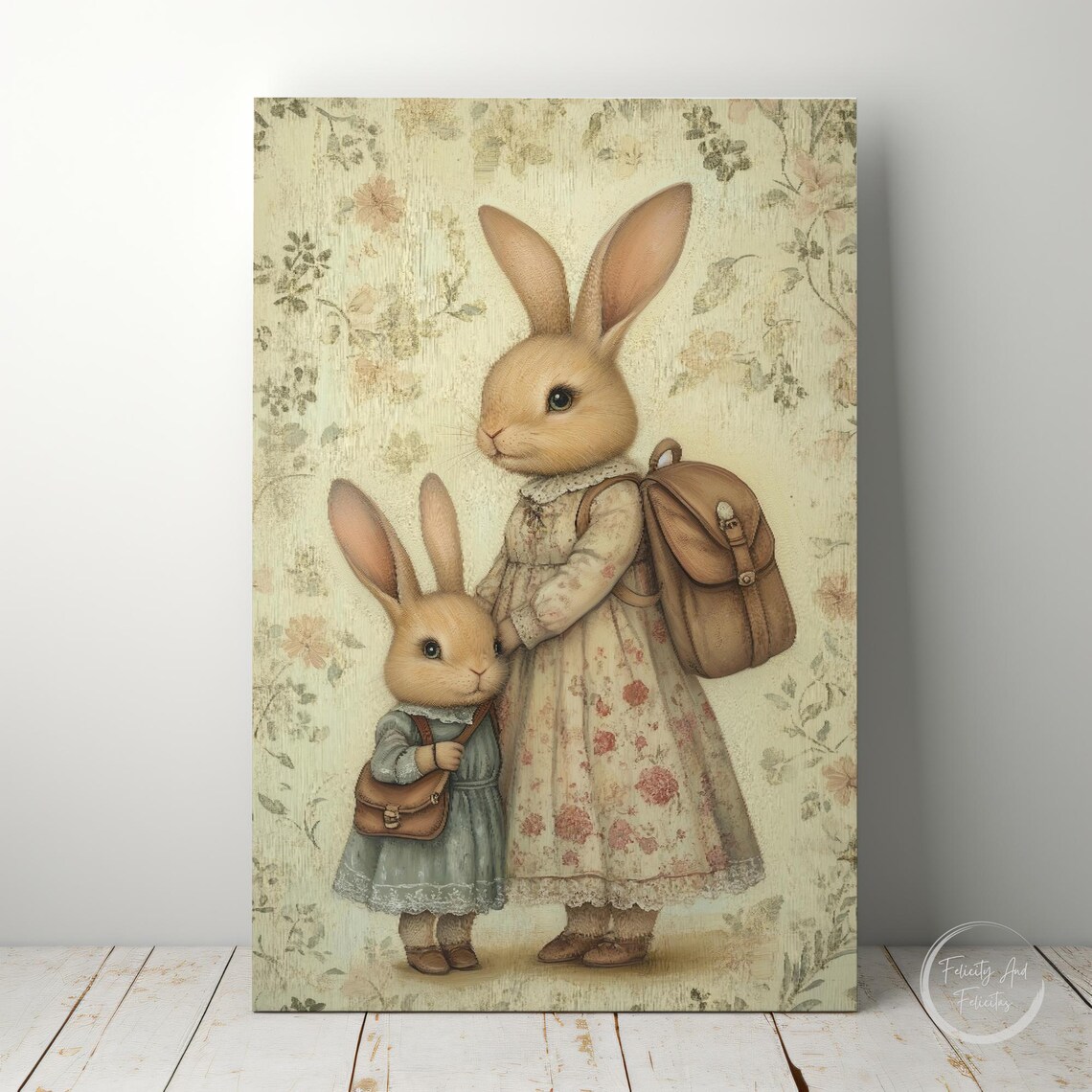 Mother and Child Bunny with Satchels Vintage Floral Nursery Wall Art - Image 6