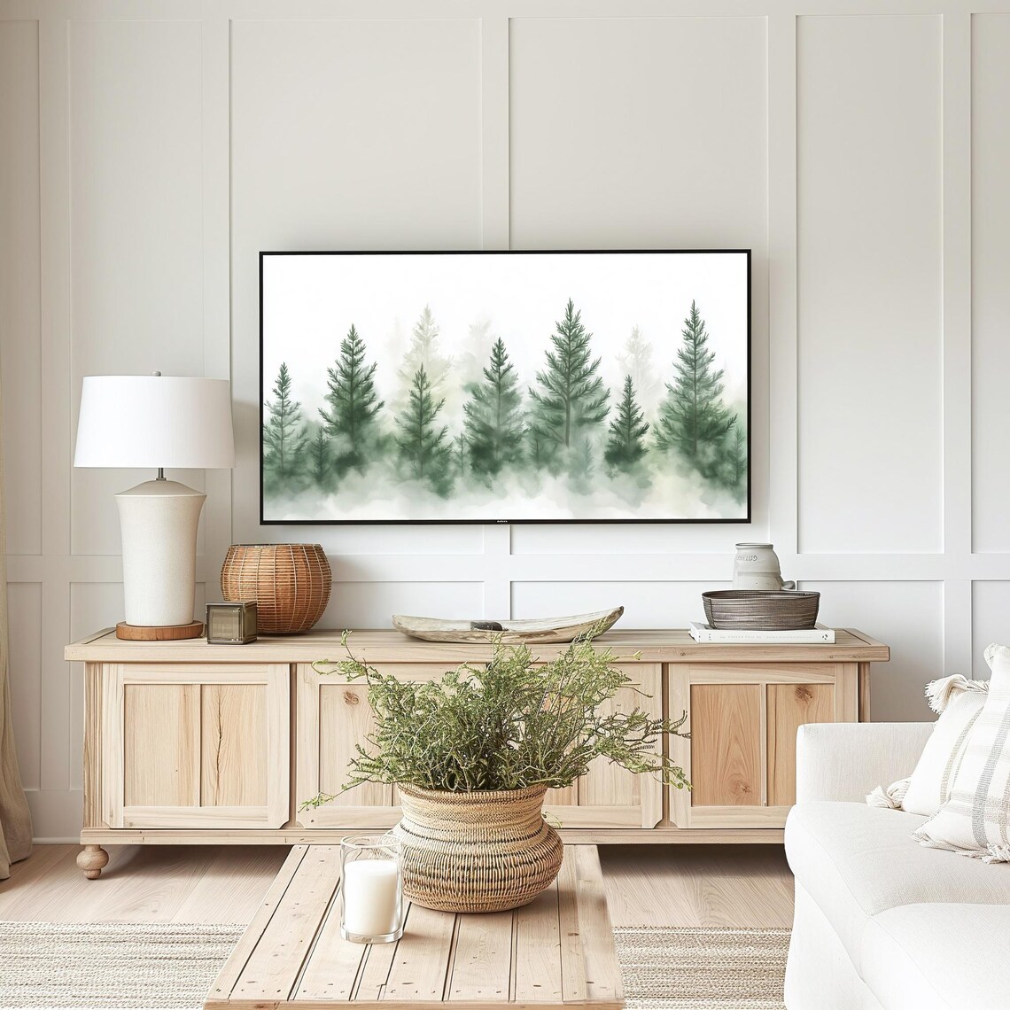 Misty Watercolor Evergreen Forest Fog Minimalist Nature Poster - Image 4