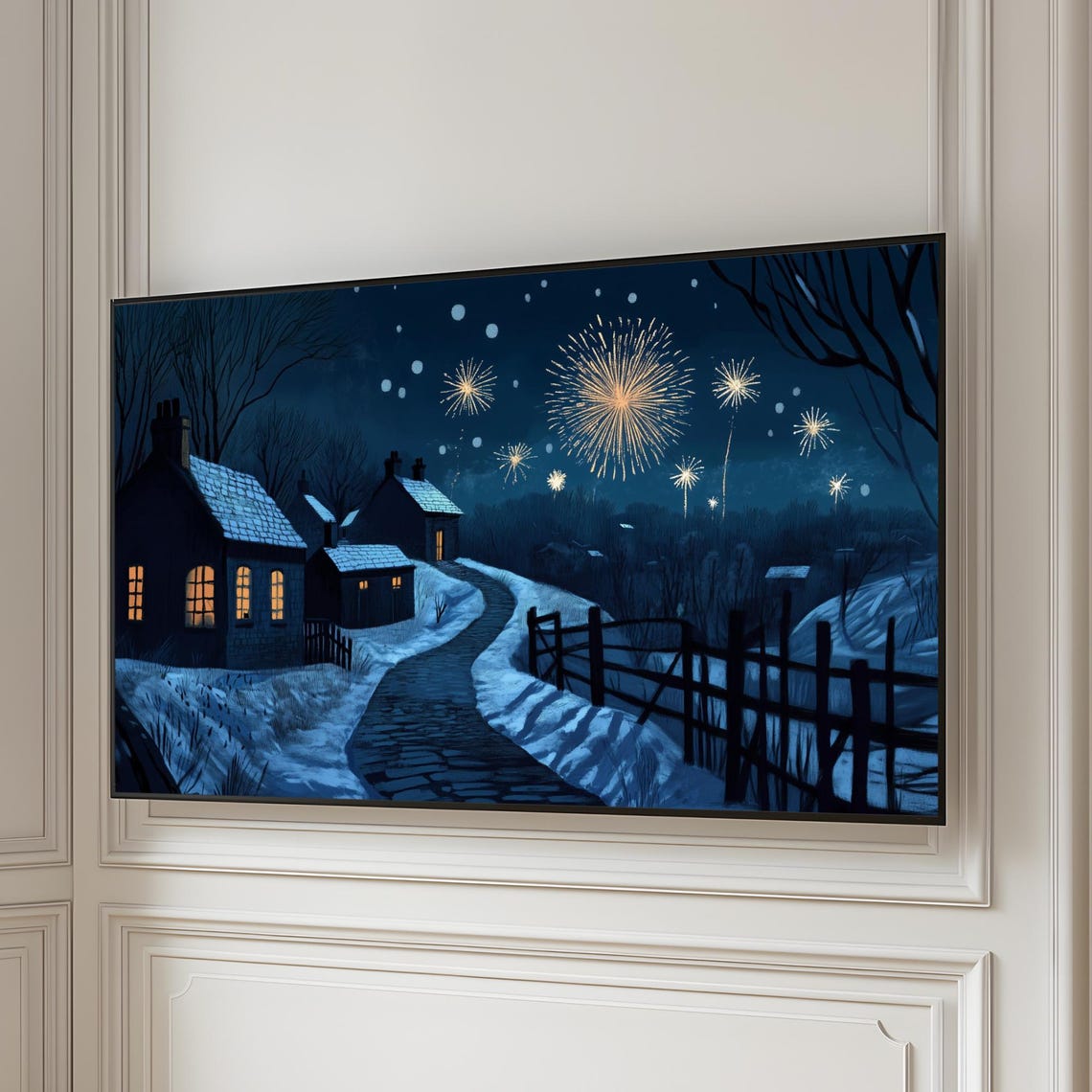 Snowy Village Night Fireworks Winter Celebration Frame TV Art Poster - Image 6