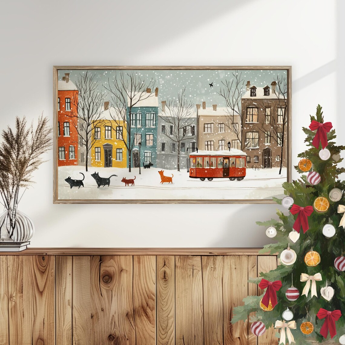 Winter City Street Red Tram Snowy Cats Falling Snow Frame TV Art Poster - Image 6