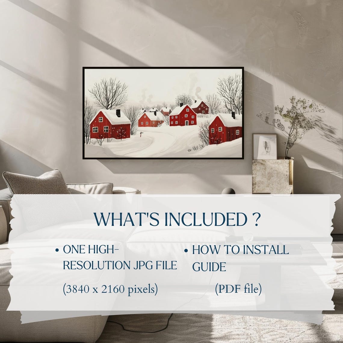 Minimal Winter Village Red Barns Snow Folk Art Serene Wall Art - Image 2