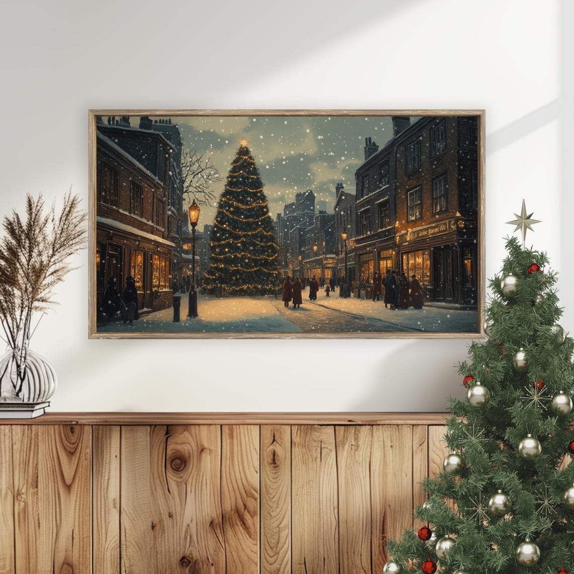 Vintage Christmas Town Square Evening Lit Tree Snowfall Poster - Image 5