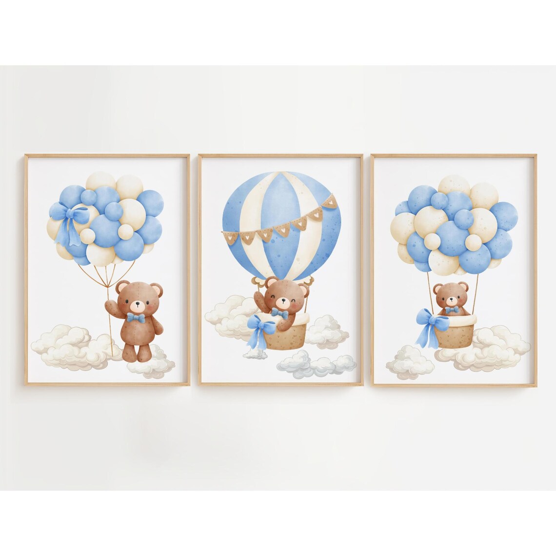 Blue Teddy Bear Hot Air Balloon Nursery Set Boy Room Wall Art - Image 3
