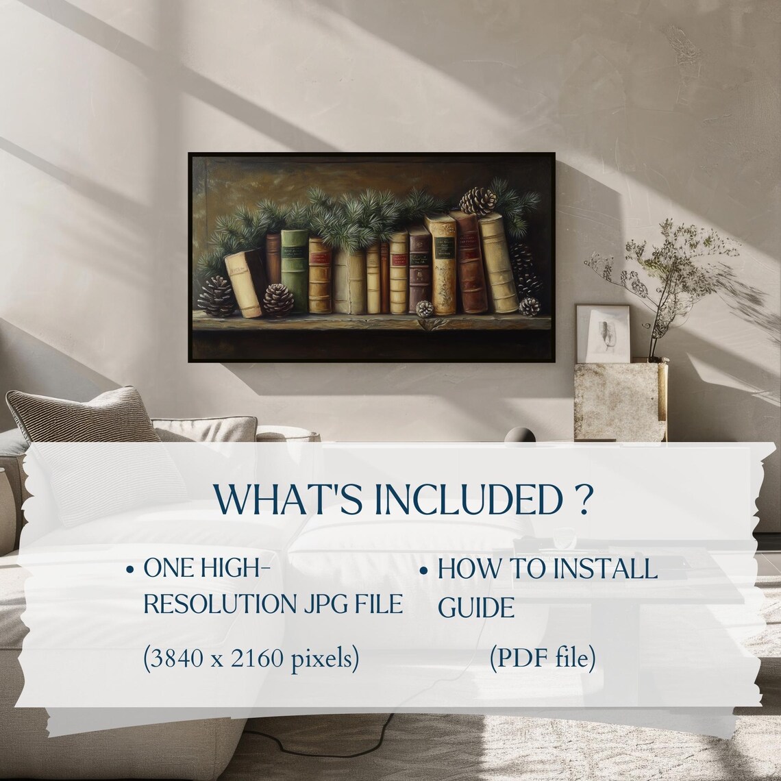 Vintage Bookshelf Old Books Pine Garland Winter Frame TV Art Poster - Image 2