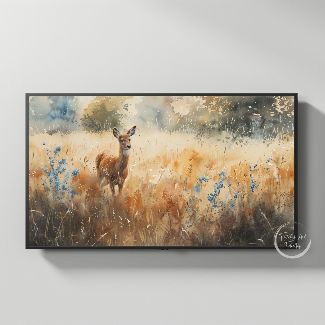 Deer in Golden Autumn Meadow Watercolor Blue Wildflower Art Poster - Image 4