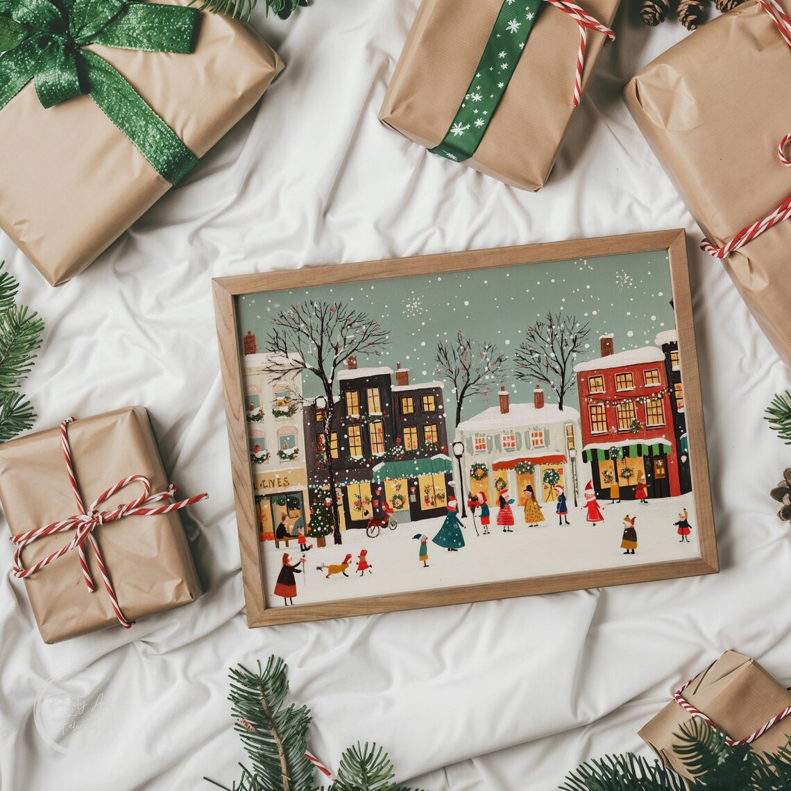Cheerful Christmas Village Street Snow Shops Children Wall Art - Image 6