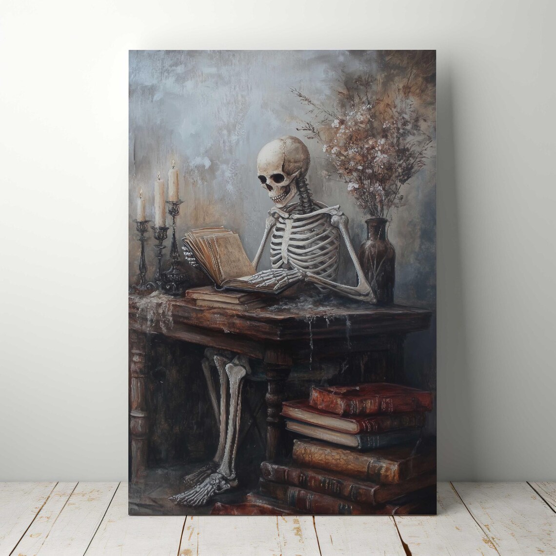 Skeleton Reading Book at Candlelit Desk Dark Academia Halloween Art Poster - Image 5