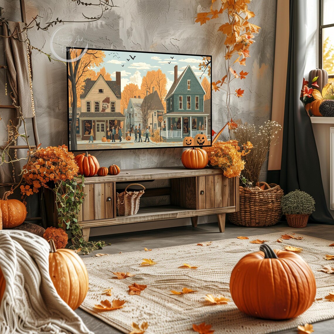 Halloween Main Street with Shops Pumpkins and Bats Autumn Poster - Image 3