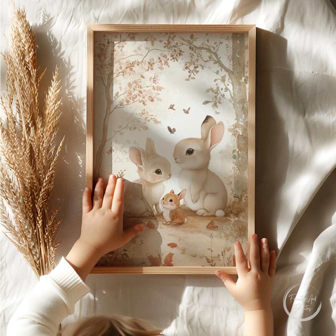 Three Bunnies in Autumn Woodland Watercolor Nursery Wall Art - Image 4