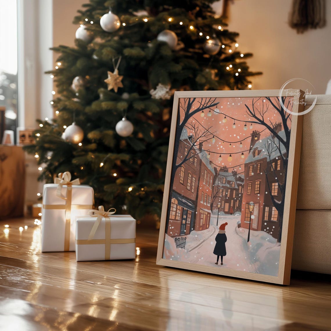 Cozy Winter Street Brownstones String Lights Snowy Night Poster - Image 4