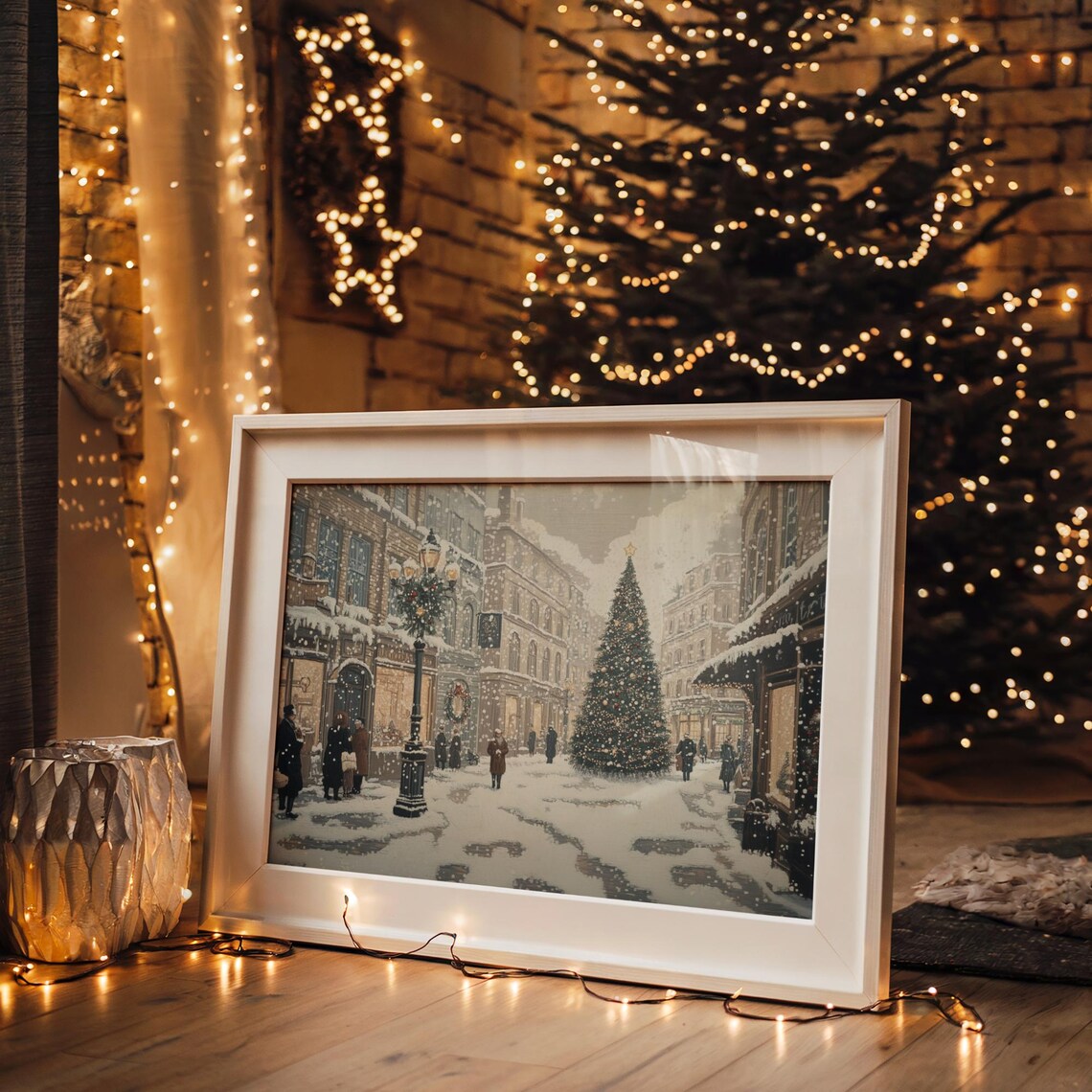 Vintage Snowy Christmas Street Tall Tree Old Town Scene Poster - Image 4