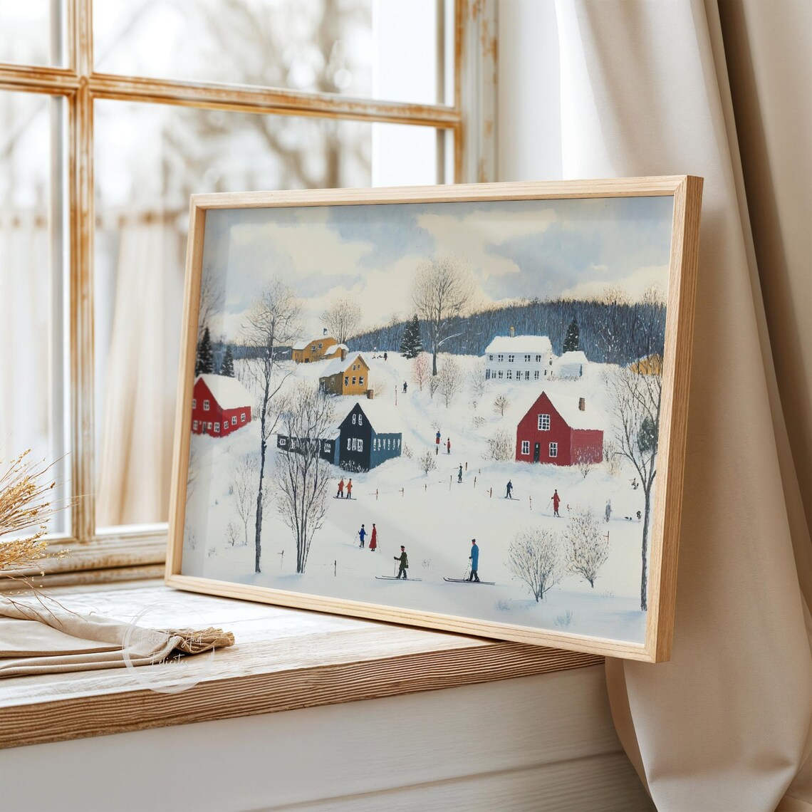 Winter Village Skiers On Snowy Hill Red Houses Folk Art Poster - Image 3