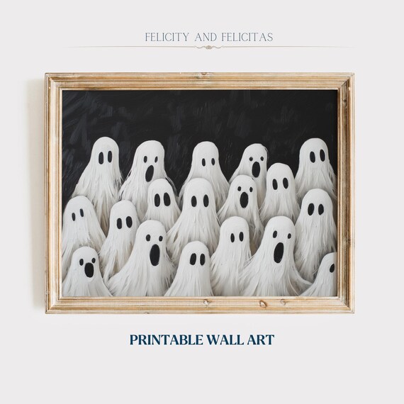Cute Sheet Ghost Gathering Crowd on Black Spooky Fun Art Poster