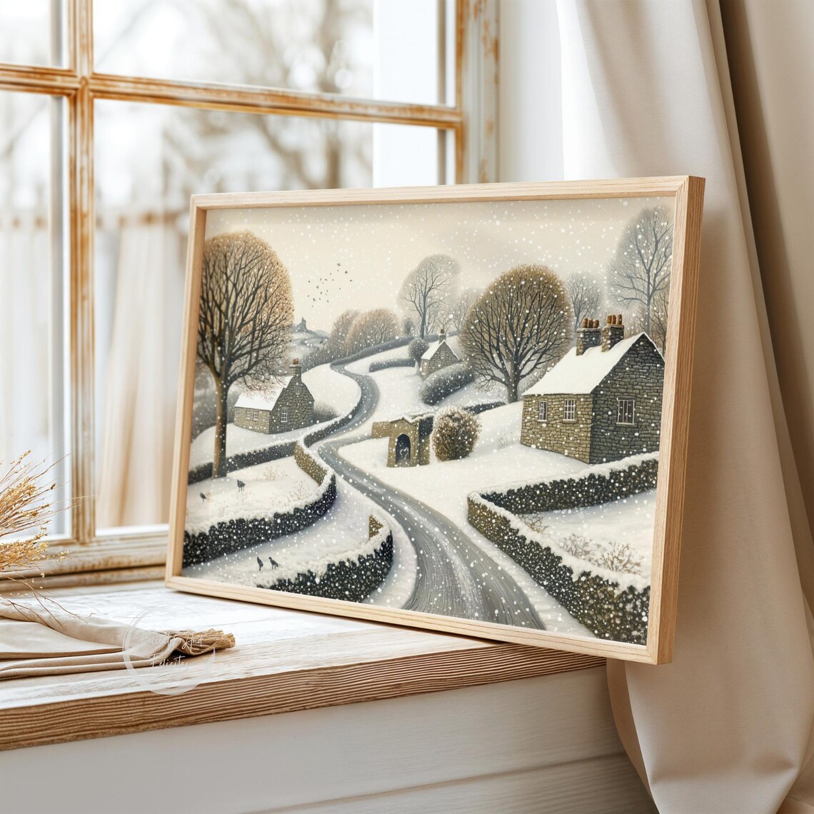 Snowy Village Road with Stone Cottages in Falling Snow Art Poster - Image 3
