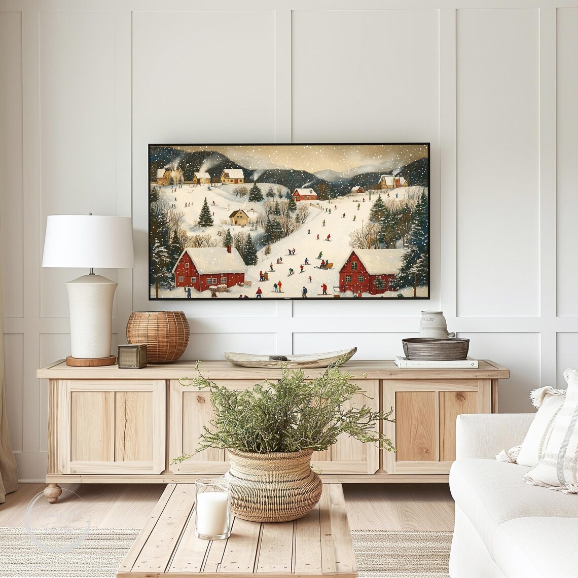 Winter Ski Village Red Barns Skiers Snowy Mountains Frame TV Art Poster - Image 3