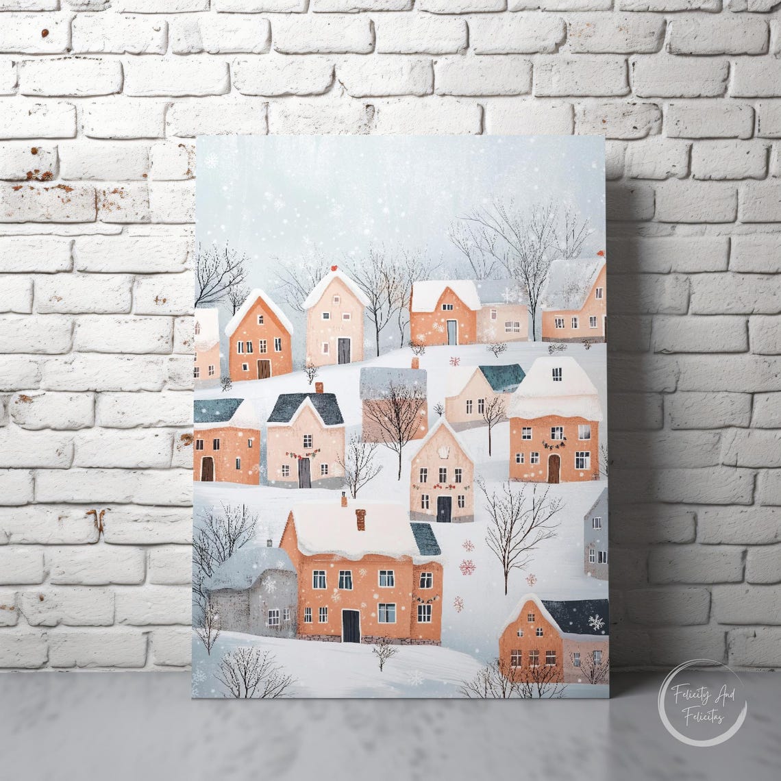 Snowy Hillside Village Peach Houses Pastel Winter Scene Poster - Image 6