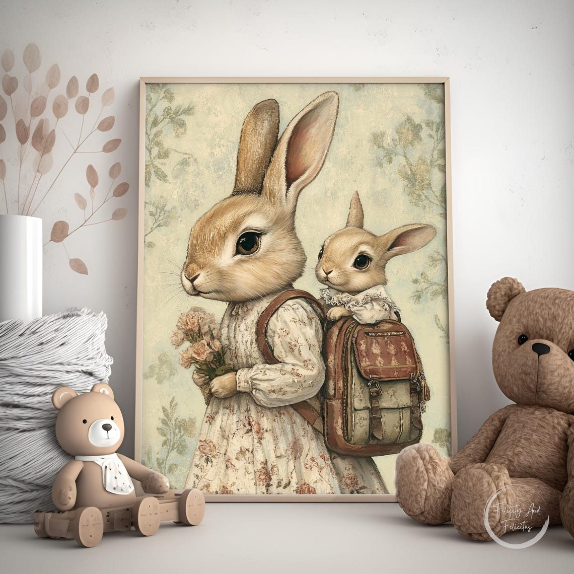 Vintage Mother Rabbit with Baby in Backpack Floral Nursery Wall Art - Image 5