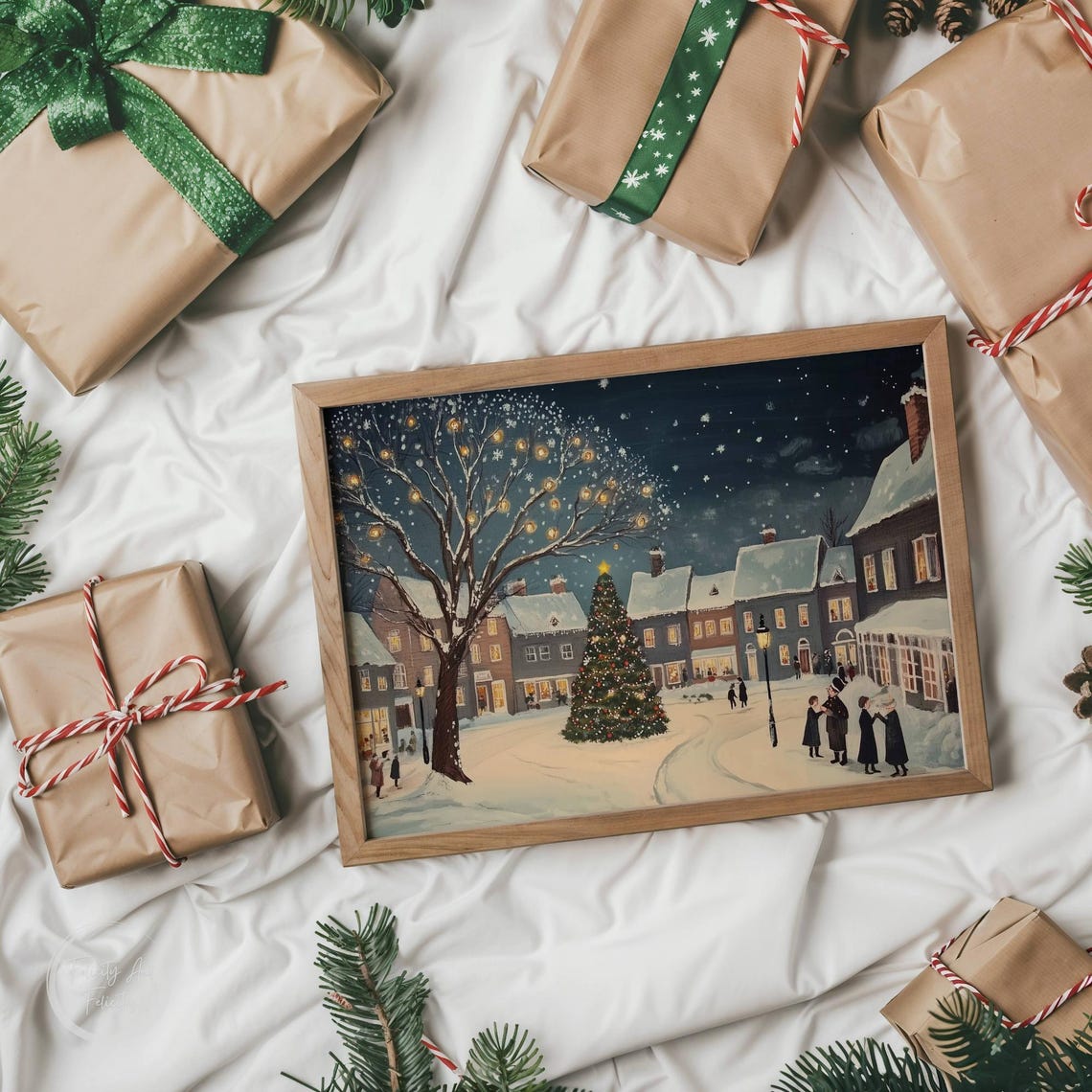 Christmas Eve Village Night Tree Carolers Lamppost Snow Poster - Image 6